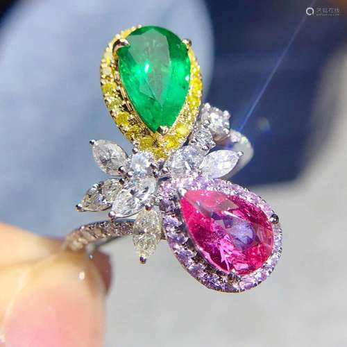 14K White Gold 2.32 CTW Paparacha Sapphire & Emerald Rin...