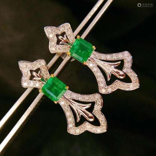 14K White Gold 1.5 CT Emerald & Diamond Earrings