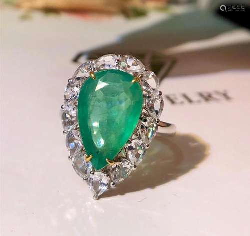 14K White Gold 6.95 CTW Emerald & Sapphire Ring