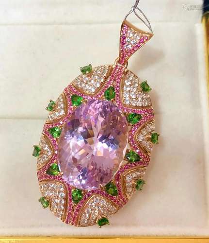 14K Rose Gold 20.6 CT Kunzite & Diamond Pendant