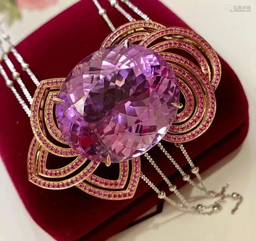 14K Rose Gold 61.715 CTW Kunzite & Ruby Pendant