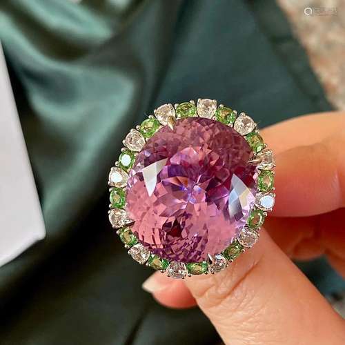 14K White Gold 49.03 CTW Kunzite & Sapphire Ring