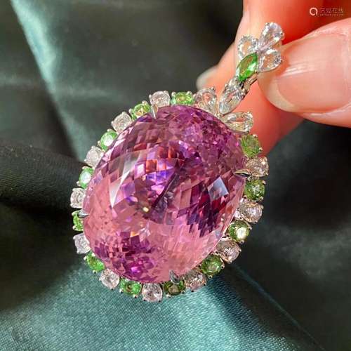 14K White Gold 71.06 CTW Kunzite & Sapphire Pendant