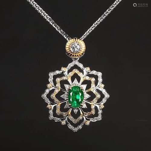 14K White Gold 0.91 CTW Emerald & Diamond Pendant