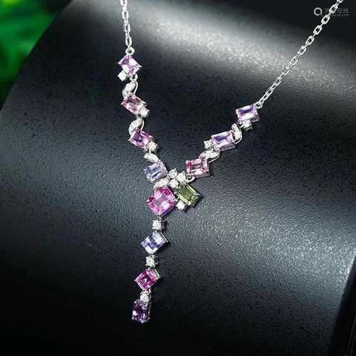 14K White Gold 3.794 CTW Sapphire & Diamond Necklace