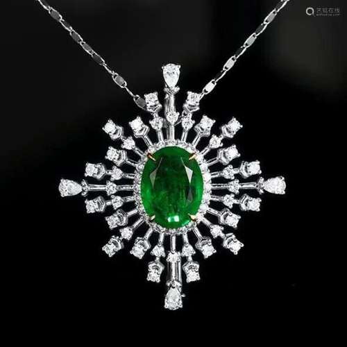 14K White Gold 5.12 CTW Emerald & Diamond Pendant