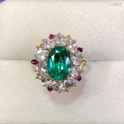 14K White Gold 1.85 CT Emerald & Sapphire Ring