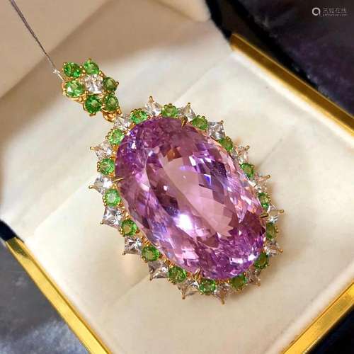 14K Yellow Gold 90.74 CTW Kunzite & Diamond Pendant