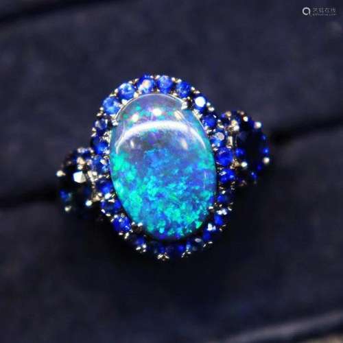 14K White Gold 2.97 CTW Opal & Sapphire Ring