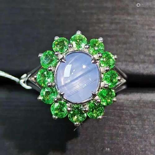 14K White Gold 1.85 CT Star Sapphire & Tsavorite Ring