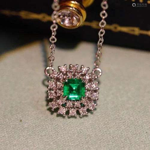 14K White Gold 0.398 CTW Emerald & Diamond Pendant