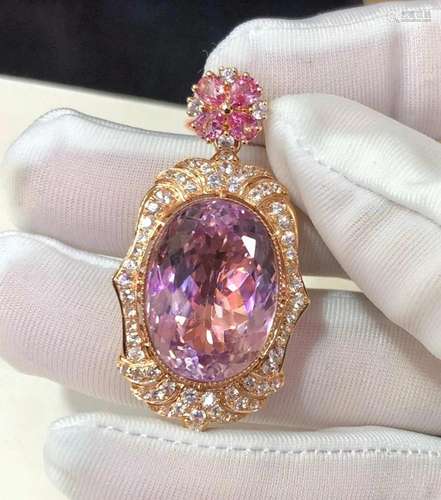 14K Rose Gold 22.02 CTW Kunzite & Sapphire Pendant