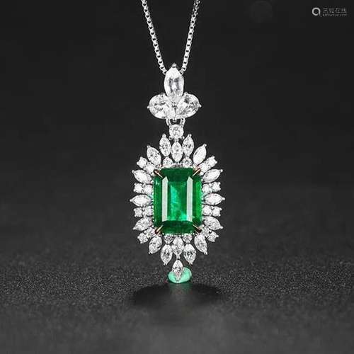 14K White Gold 2.11 CTW Emerald & Diamond Pendant