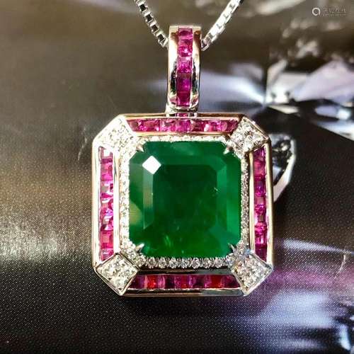 14K White Gold 4.017 CTW Emerald & Diamond Pendant