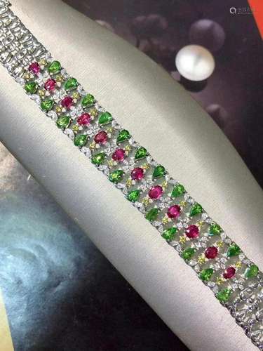 14K White Gold 9.6 CTW Ruby & Tsavorite Bracelet