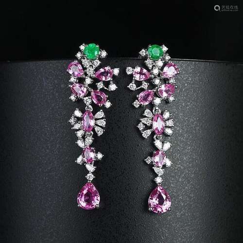 14K White Gold 3.77 CTW Sapphire & Emerald Earrings