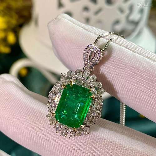 14K White Gold 3.62 CTW Emerald & Diamond Pendant