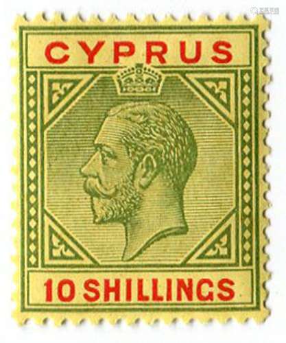 A Cyprus 1923 10sh stamp, fine mint (SG 100).