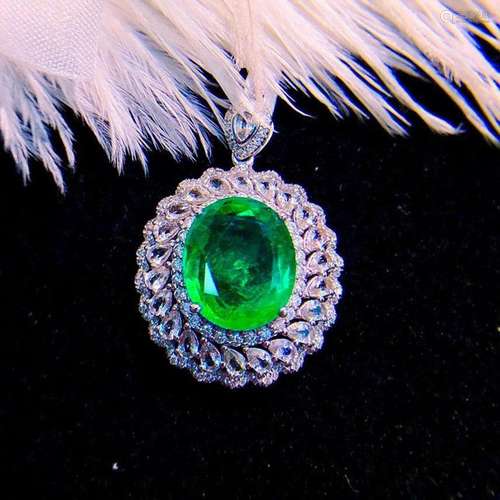 14K White Gold 6.63 CTW Emerald & Diamond Pendant