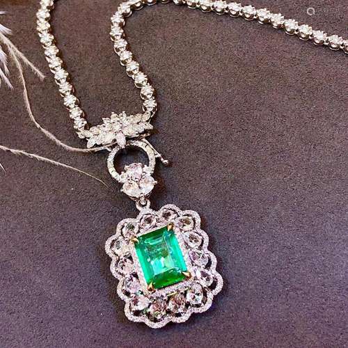 14K White Gold 2.31 CTW Emerald & Diamond Pendant