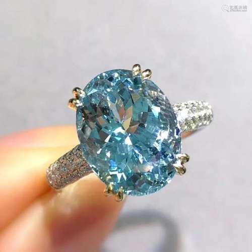 14K White Gold 5.356 CTW Aquamarine & Diamond Ring