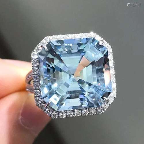 14K White Gold 10.992 CTW Aquamarine & Diamond Ring