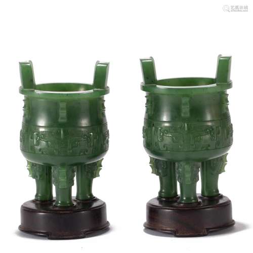PAIR CARVED SPINACH GREEN JADE TRIPOD CENSERS