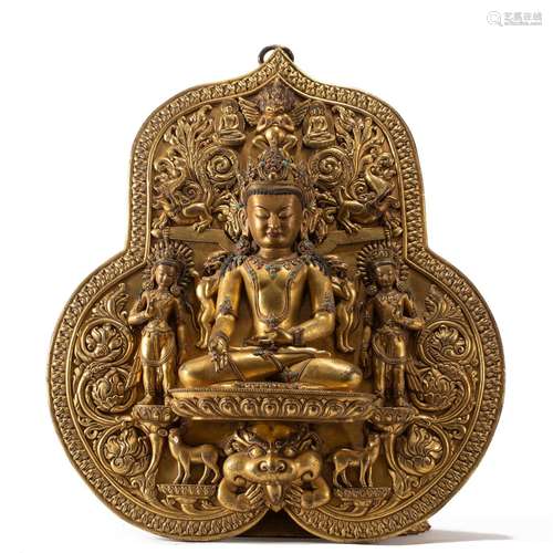 A BRONZE-GILT BUDDHA FIGURE HANGING PANEL