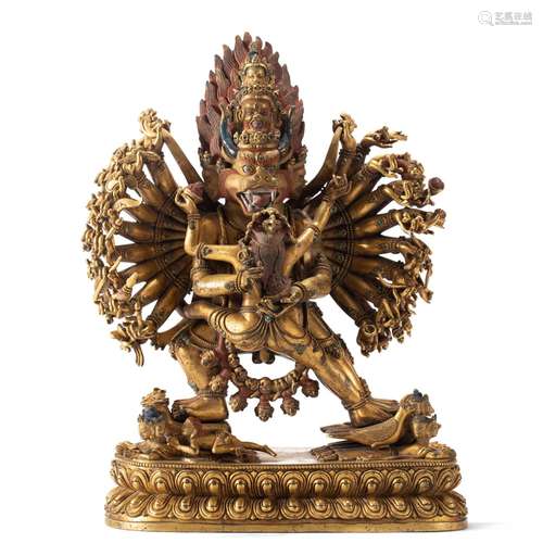 A TIBETAN BRONZE-GILT FIGURE OF YAMANTAKA