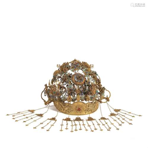 A CHINSE HARDSTONES INLAID FILIGREE HEADRESS TIARA