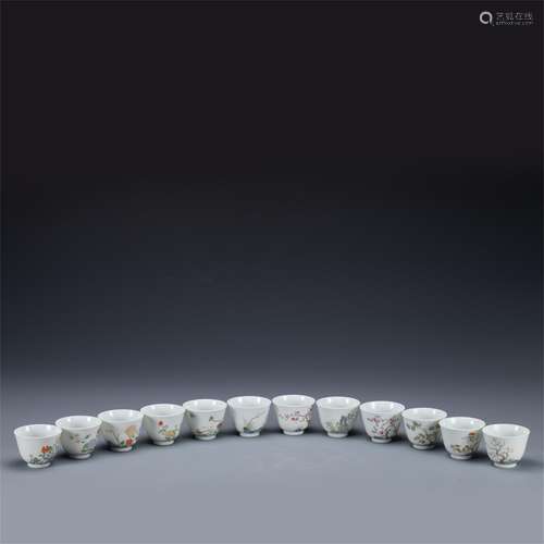 A SET OF TWELVE FLOWERS GODS CUPS,QING