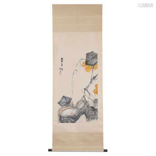 A SCROLL PAINTING OF MELON ,SIGNED GAO JIANFU