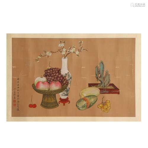 A CHINESE PAINTING OF FLOWERS AND FRUITS