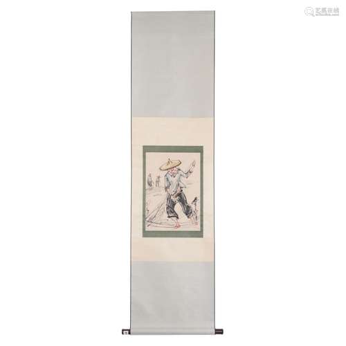 A SCROLL PAINTING OF FIGURE STORY,SIGNED HUANGZHOU