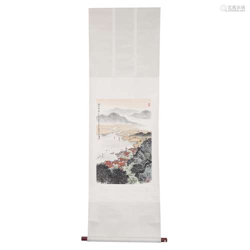 A SCROLL PAINTING OF MUNTAINS AND RIVER LANDSCAPE,SIGNED SON...