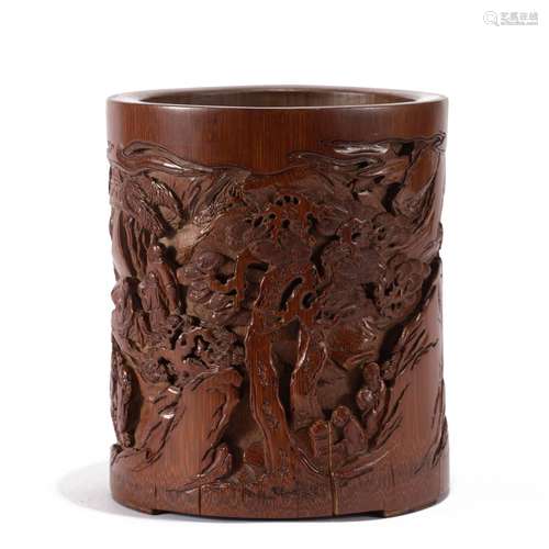 A CHINESE CARVED BAMBOO BRUSH POT