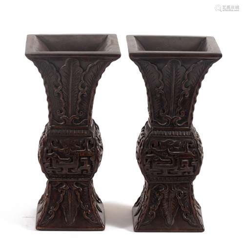 PAIR CHINESE CARVED ALOES-WOOD VASES GU