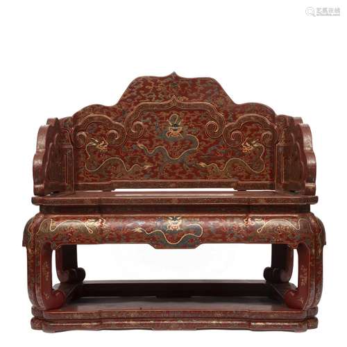 A POLYCHROME PAINTED RED LACQUER THRONE CHAIR