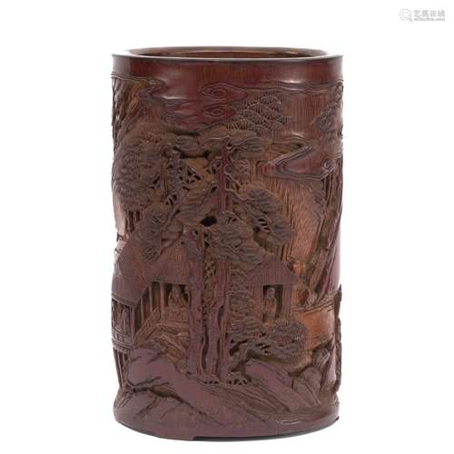 A CHINESE CARVED BAMBOO BRUSH POT