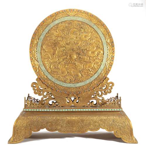 A HARD-STONES INLAID BRONZE-GILT TABLE SCREEN