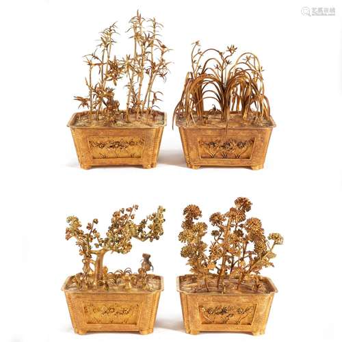 A SET OF FOUR BRONZE-GILT FLORAL BONSAI