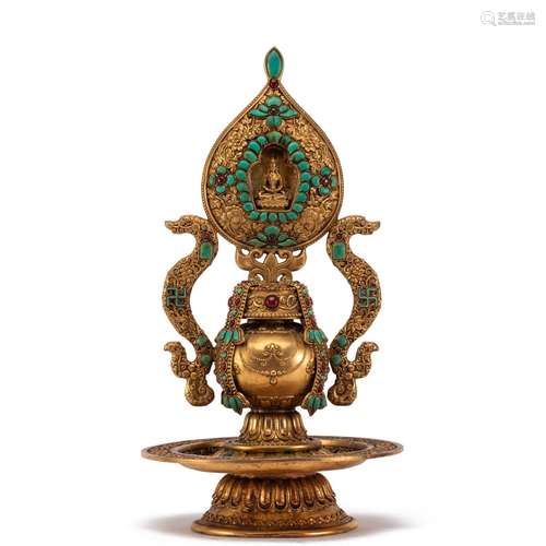 A HARD-STONES INLAID BRONZE-GILT BUDDHA NICHE