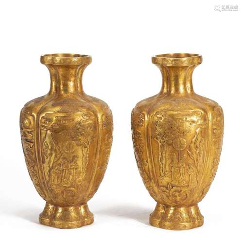 PAIR CHINESE BRONZE-GILT VASES