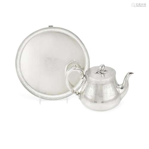 AN ENGLISH SILVER TEAPOT AND FOOTED SALVER by various makers...
