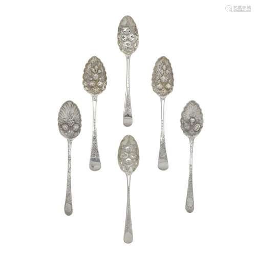 SIX GEORGIAN SILVER BERRY SPOONS by various makers, London a...