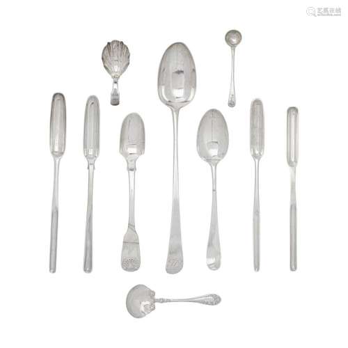 A GROUP OF ENGLISH SILVER SPOONS AND SCOOPS by various maker...