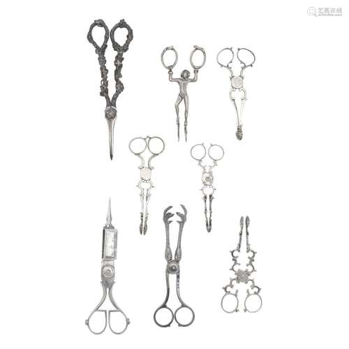 EIGHT STERLING SILVER AND SILVER-PLATED SCISSORS AND TONGS b...