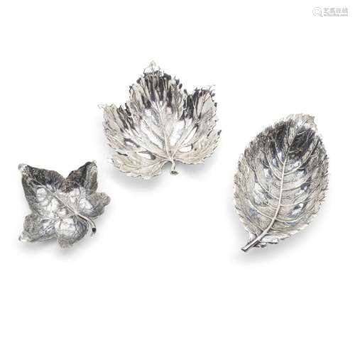 THREE ITALIAN STERLING SILVER LEAF-FORM DISHES marked Buccel...