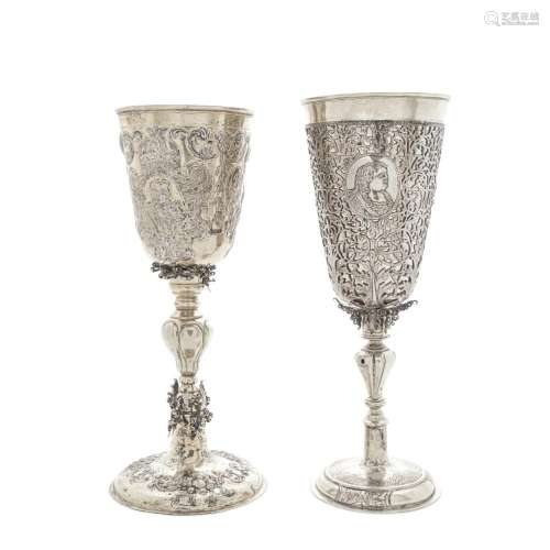 TWO RUSSIAN 875 STANDARD SILVER PARCEL-GILT GOBLETS by vario...