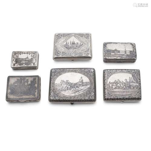 SIX RUSSIAN AND USSR 875 STANDARD SILVER AND NIELLO PILLBOXE...